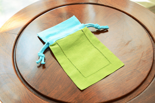 Hemstitch sachet bag, multi color, hot green & aqua border - Click Image to Close
